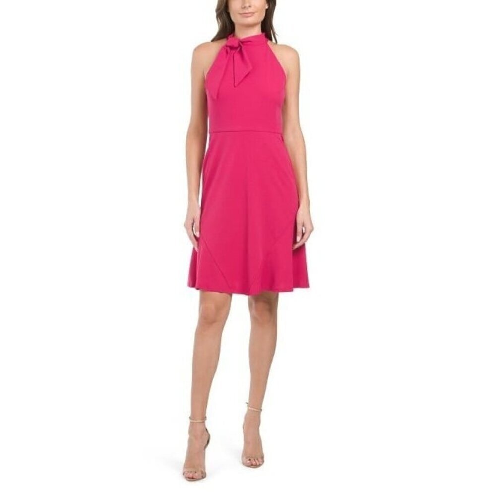 Maggy London Womens Pink High Tie Neck Sleeveless Fit And Flare Dress Sz 14 New